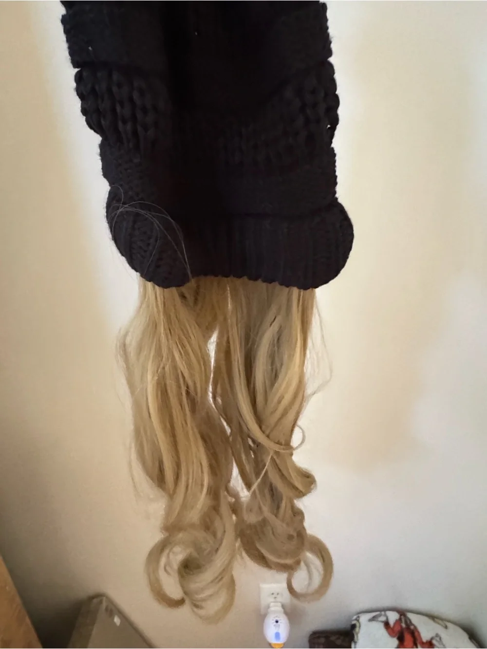 Never Worn Black Pom Pom Beanie with Blonde Clip-In Wavy Hair